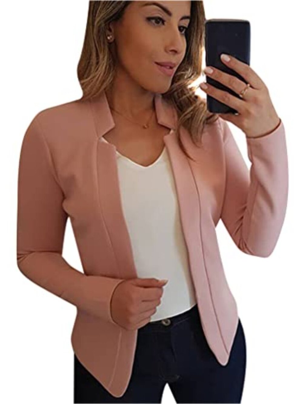 Women's Notched Lapel Open Front Blazer Long Sleeve Cotton Blend